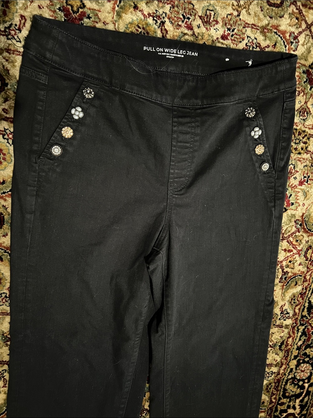 Chico's Embellished Black Pull-On Wide Leg Jeans Size 12 R Chico Size 2 - Picture 2 of 7